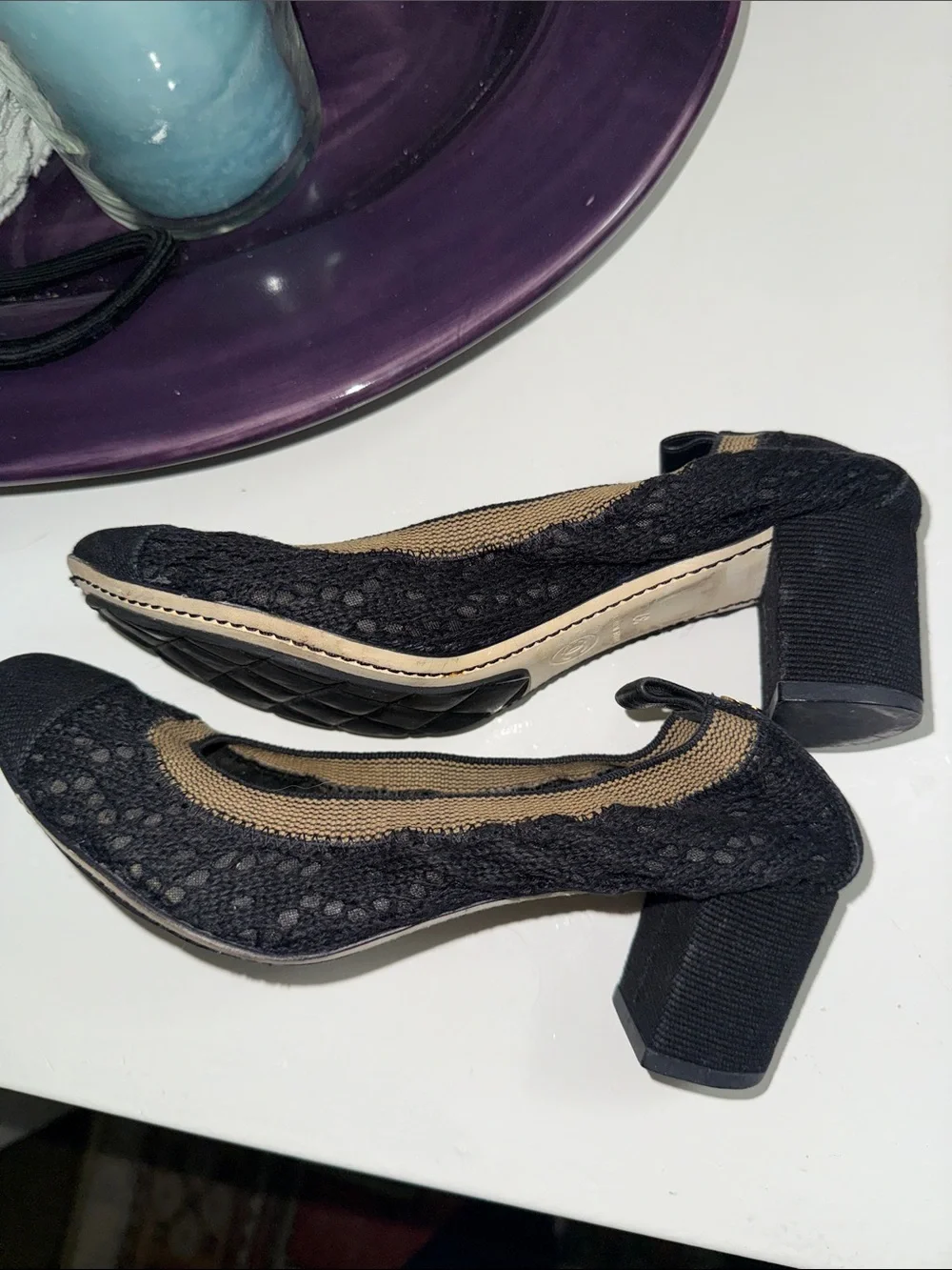 AUTHENTIC Chanel Black Lace Ballet Flats with Gold Accent - Women's Shoes